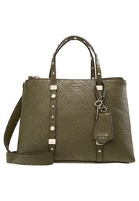 Oliven grøn faux læder håndtaske med diamantmønster, to top håndtag, aftagelig skulderrem, sølvfarvede accenter og logo detalje.