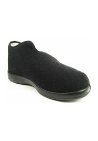 Schwarze Slipper aus weichem Stoff mit einer glatten, abgerundeten Zehenpartie und einer flexiblen schwarzen Sohle. Ohne Verschlüsse; nahtloses Obermaterial-Design.