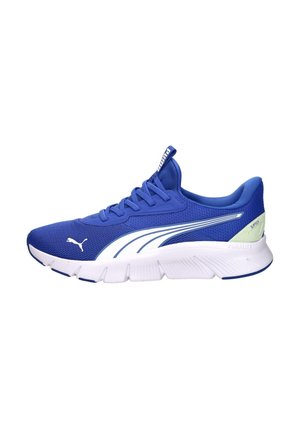 Blue Puma athletic sneaker with white logo and thick white sole, breathable mesh upper, and lace-up closure on a white background.