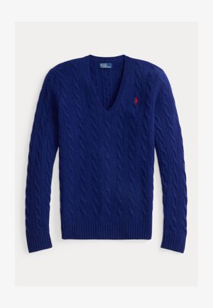 Suéter azul-marinho em V com um design de malha em cable, punhos e barra canelados, com um pequeno logótipo vermelho no peito.