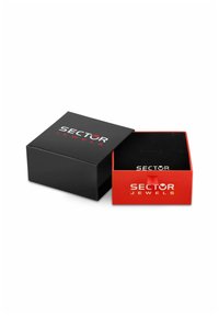 Scatola per gioielli nera con un interno rosso, caratterizzata dal testo "SECTOR JEWELS" in bianco sul coperchio. Forma quadrata, superficie liscia.