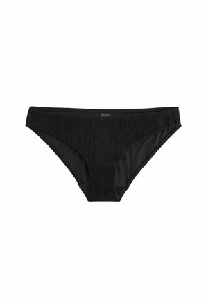 Čierne bikiny s rebrovaným vzorom, ktoré majú hladkú textúru, elastický pás a minimálny strih. Ideálne na kombinovanie s rôznymi štýlmi.