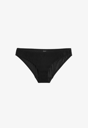 Slip bikini neri a coste con una texture liscia, elastico in vita e design a copertura minima. Ideali per abbinamenti di stili.