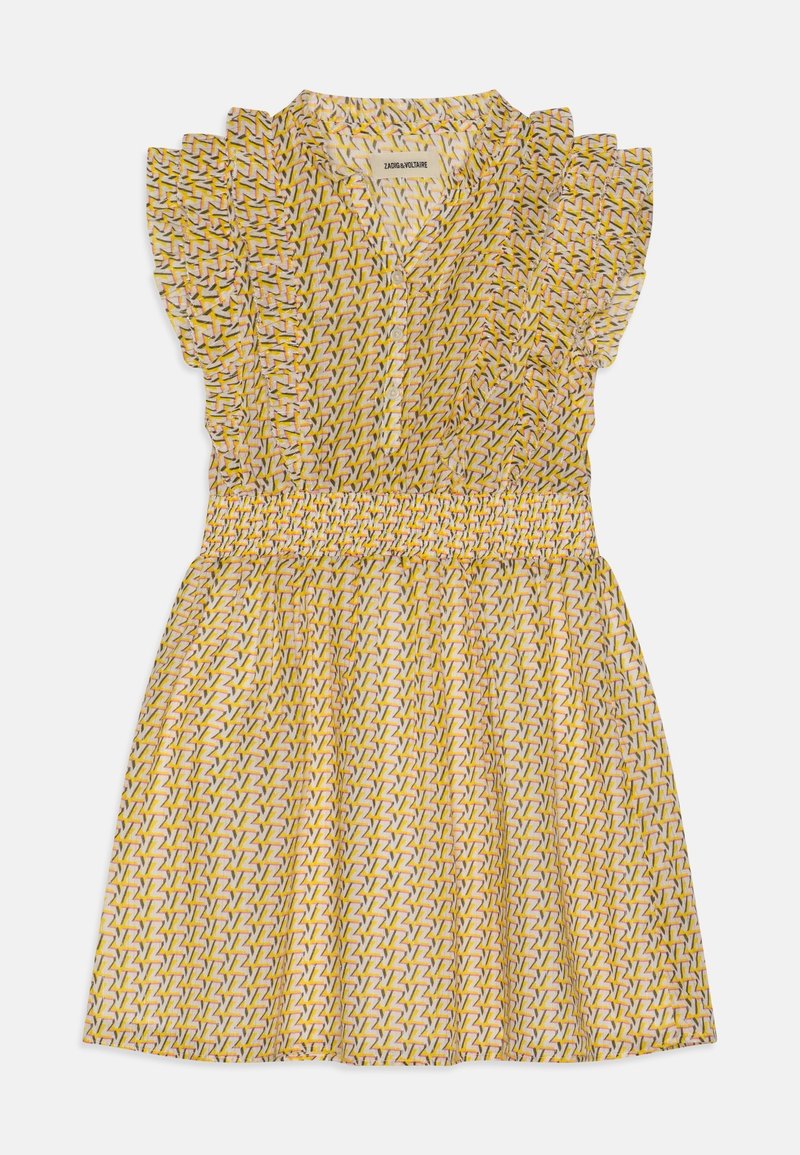 Robe jaune à motifs avec manches courtes à volants, encolure en V et taille smockée. Présente un motif géométrique répétitif en plusieurs couleurs.