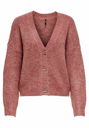 Zachte, grove gebreide cardigan in stoffig roze met diepe V-hals, verlaagde schouders en drie gestructureerde knopen in schildpaddenmotief aan de voorkant.