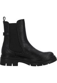 Botas Chelsea negras de cuero con paneles laterales elásticos, parte superior texturizada y una suela de goma gruesa con diseño de tacos.