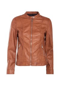 Veste en cuir marron à texture lisse, fermeture éclair et poches latérales. Dotée d'un col rond et d'une coupe ajustée.