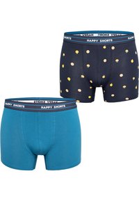 Twee paar boxershorts. De ene is effen teal; de andere is marineblauw met gele fruit- en hamburgerpatronen. Beide hebben een elastische tailleband met merklogo.