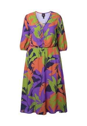 Multicolored dress featuring purple, green, and orange leaf patterns. It has a V-neck, elasticized sleeves, and a cinched waist.