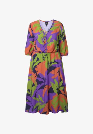 Ulla Popken, LEAF PRINT 3/4 SLEEVE ELASTIC WAIST - Vestito casual - marine