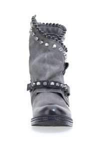 Gray leather ankle boot with black beads and silver studs, front strap detail, and rounded toe, shown from the front on white background.