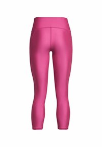 Leggings aderenti fino al ginocchio di un vivace colore rosa, realizzati in tessuto liscio e elastico. Presentano una vita alta e senza cuciture visibili sul retro.