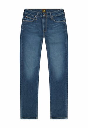 Niebieskie dżinsy o slim fit, z pięcioma kieszeniami, zapięciem na guzik oraz delikatnym przetarciem z przodu dla dodatkowej tekstury.