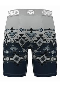 Moške bokser hlačke z geometrijskim vzorcem v sivi in črni barvi. Imajo siv pas z logotipom "PSD" in so izdelane iz raztegljive tkanine.
