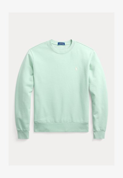 Sweatshirt verde menta com decote redondo, punhos e bainha canelados, apresentando um pequeno logótipo bordado no peito. Material macio em mistura de algodão.
