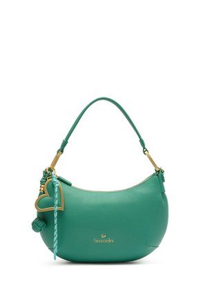 Borsa in pelle verde con accessori dorati, ciondolo a forma di cuore, dettaglio intrecciato e tracolla singola.