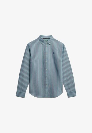 Knopfhemd, hellblau mit vertikalen weißen und türkisfarbenen Streifen, lange Ärmel, Kragen, gesticktes Logo auf der Brust, aus Baumwolle.