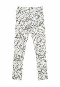 Leggings floreali in tessuto crema con un motivo floreale blu. Fit slim, vita elasticizzata, design alla caviglia, texture liscia.