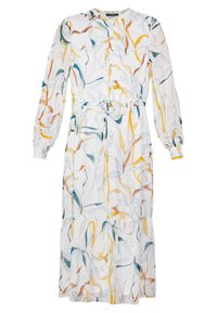 Robe longue à manches longues blanche avec imprimé floral bleu, jaune et orange. Caractéristiques : taille cintrée, fermeture à boutons et bas structuré en étages.