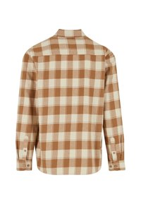 Kariertes Shirt in Braun und Creme mit langen Ärmeln, einem Kragen und knöpfbaren Manschetten. Hergestellt aus einem weichen Stoff mit einem sauberen Finish.