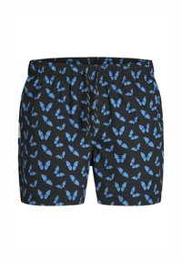 Zwarte zwemshorts met een patroon van blauwe vlinders. Gemaakt van lichtgewicht stof, met een elastische tailleband en verstelbaar trekkoord.