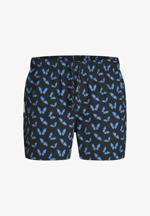 Zwarte zwemshorts met een patroon van blauwe vlinders. Gemaakt van lichtgewicht stof, met een elastische tailleband en verstelbaar trekkoord.