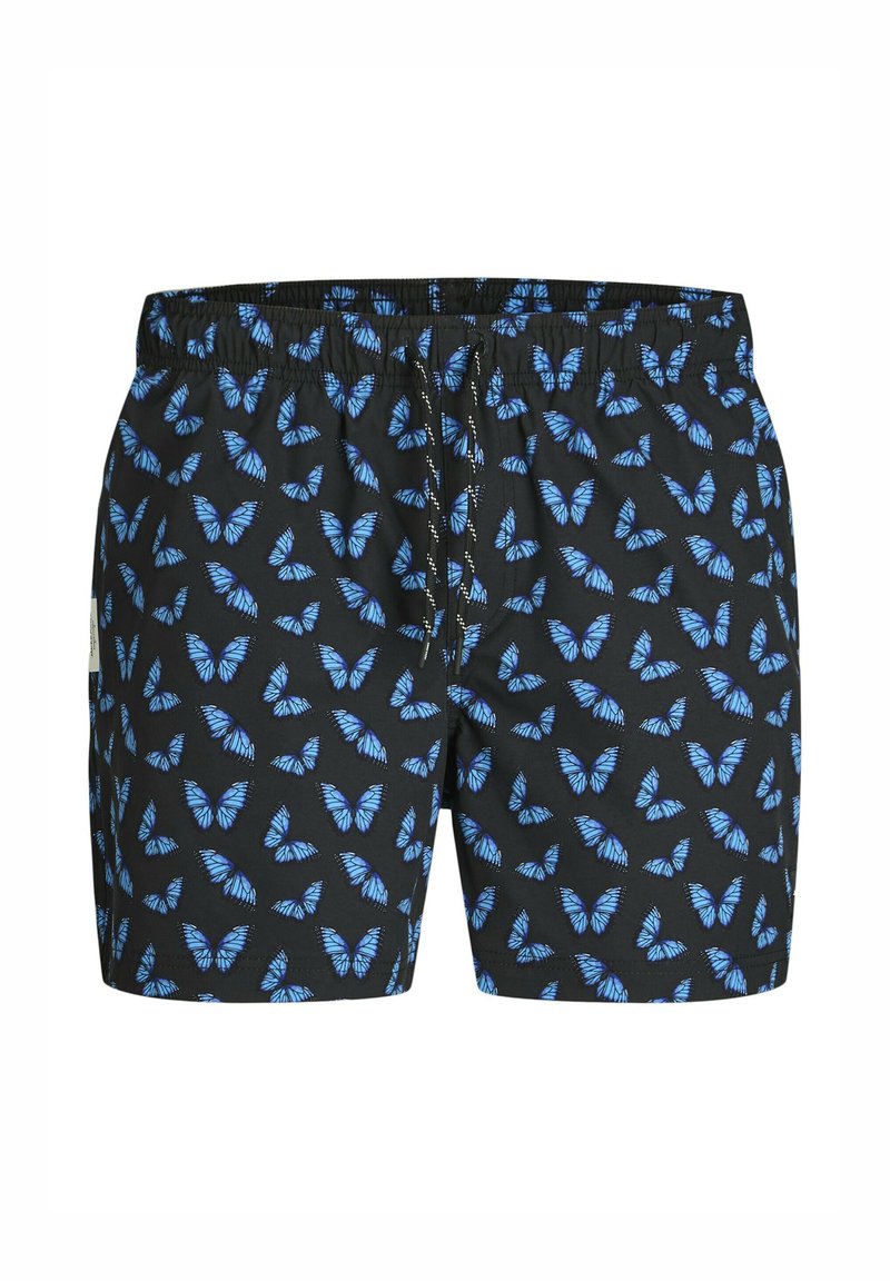 Zwarte zwemshorts met een patroon van blauwe vlinders. Gemaakt van lichtgewicht stof, met een elastische tailleband en verstelbaar trekkoord.