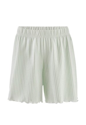 Hellgrüne und weiße Shorts mit vertikalen Streifen, elastischem Bund und leicht gerafftem Saum.