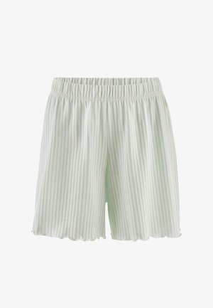 Hellgrüne und weiße Shorts mit vertikalen Streifen, elastischem Bund und leicht gerafftem Saum.