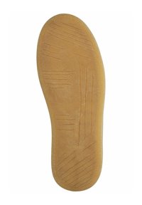  plantilla de zapato de goma con una superficie texturada de color marrón claro, que presenta varios patrones lineales para el agarre y el soporte, ligeramente curvada en los bordes.