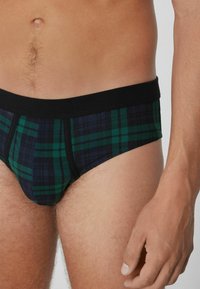 Herren-Slip-Unterwäsche mit einem schwarzen Bund, im grünen und blauen Karomuster. Hergestellt aus einem weichen Stoff mit einer enganliegenden Passform.