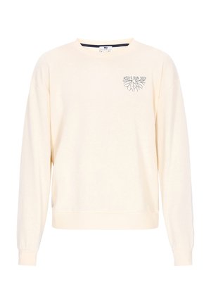 Cremefarvet sweatshirt med en afslappet pasform, lange ærmer, ribbede manchetter og et lille grafisk motiv af rødder på venstre bryst.