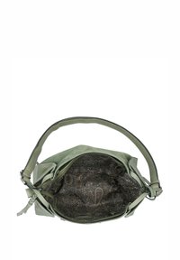 Borsa a tracolla in suede verde con una sola tracolla, con un interno a motivo paisley. Cerniera e tasche interne visibili all'interno.