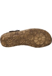 Brązowa podeszwa buta z teksturowanym kwiatowym wzorem, z wypukłymi kwiatami i gładką powierzchnią. Widoczne oznaczenie marki.