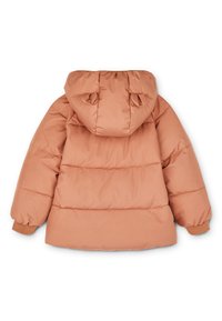Puffer jacket in muted peach with a hood, featuring quilted sections, ribbed cuffs, and a smooth, slightly glossy texture.