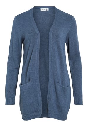 Tumesinise kudumisega lühikeste varrukatega, avatud esiosaga kardigan, millel on kaks eesmist taskut ja soonikkäised. Pehme tekstuur, mugav lõige.