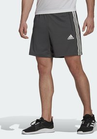 Pantalones cortos deportivos grises con rayas laterales blancas y un logo de adidas. Presentan una cintura elástica y un bolsillo lateral con cremallera.