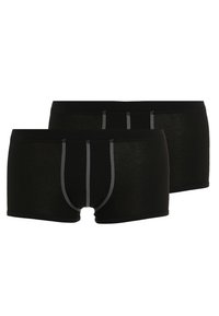 Zwarte boxershorts van zacht materiaal, met een nauwsluitende pasvorm, grijze stiksels langs de naden en een klassiek ontwerp zonder patronen.