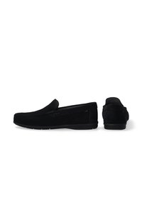 Sorte ruskinds loafers med en glat finish, slip-on design og en fleksibel gummisål. Har minimal syning og en diskret logoaccent.