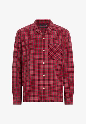 Czerwona i czarna koszula w kratę z długim rękawem, kołnierzykiem, zapięciem na guziki i kieszenią na piersiach z mniejszym wzorem w kratę.