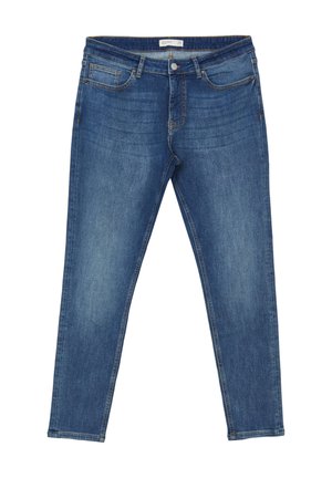 Jeans skinny en denim bleu avec poches avant, fermeture à bouton et détails légèrement décolorés sur les cuisses et les genoux.