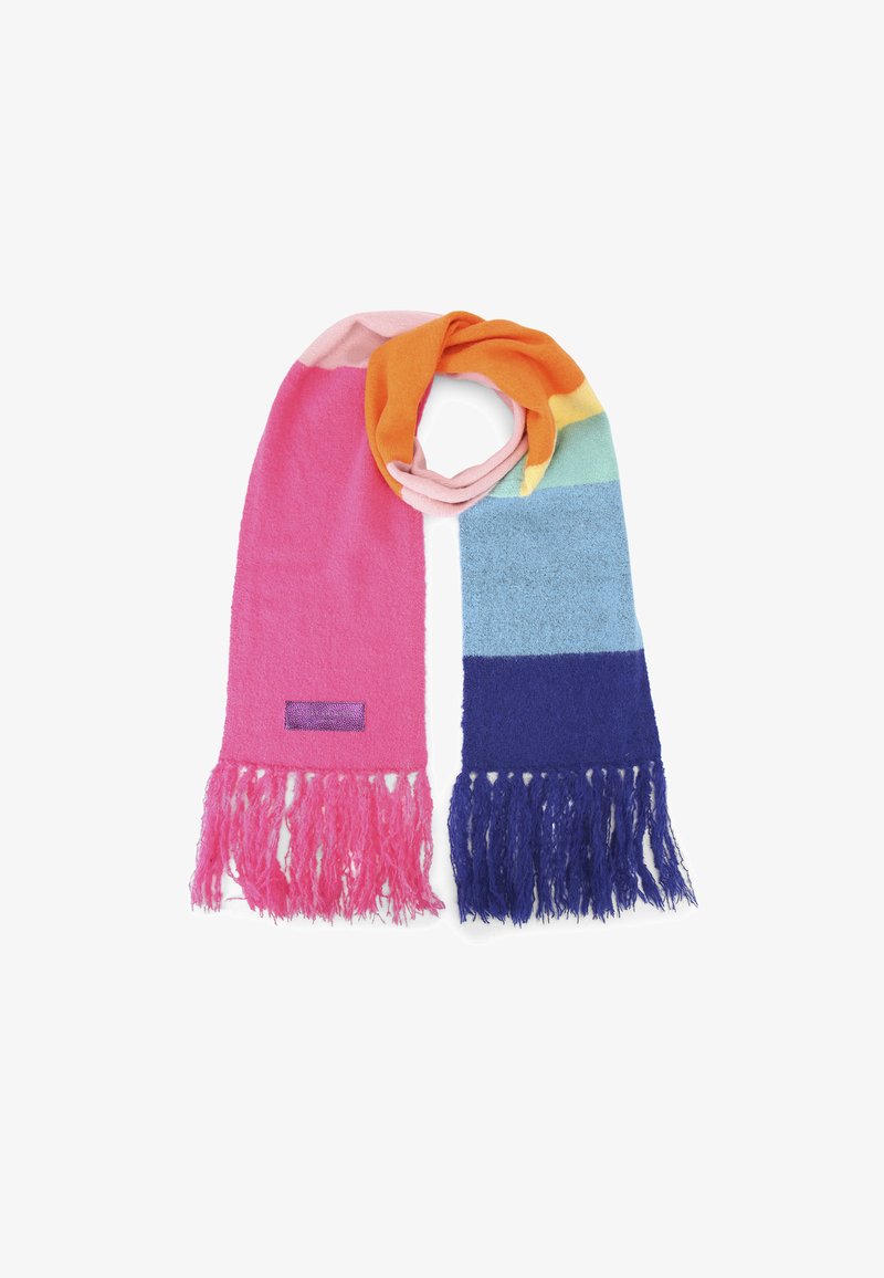 Sciarpa multicolore in morbido tessuto; presenta sezioni rosa, arancione, verde, blu e viola. Rifinita con bordi frangiati e un'etichetta testurizzata.