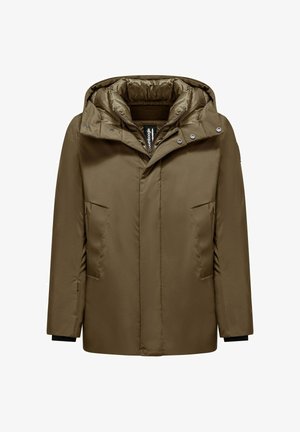 Olivengrüne, gepolsterte Jacke mit Kapuze, Reißverschluss und Druckknöpfen. Verfügt über zwei Fronttaschen und schwarze Akzentdetails an den Ärmeln.