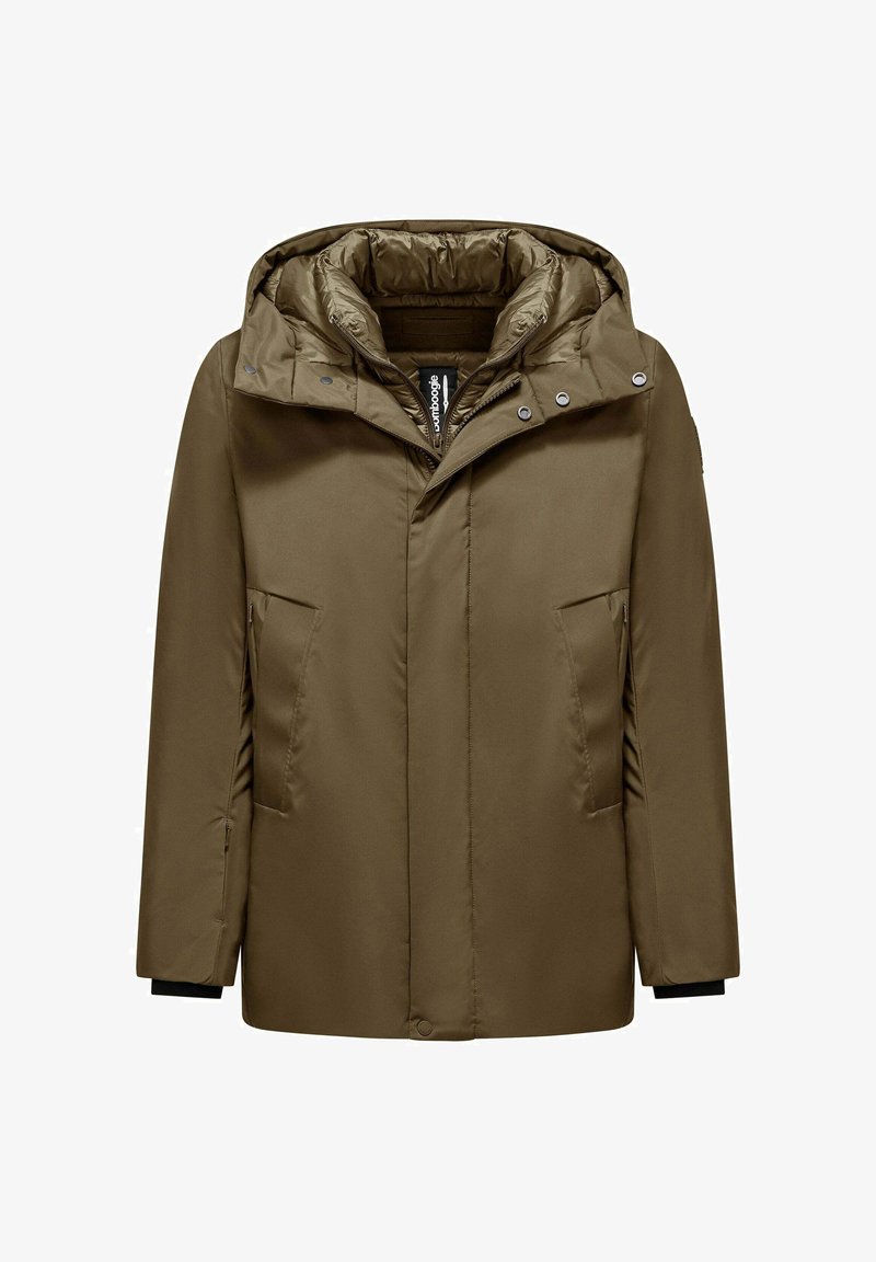 Giubbotto puffy verde oliva con cappuccio, chiusura con zip e bottoni a scatto. Presenta due tasche frontali e dettagli a contrasto neri nei polsini.