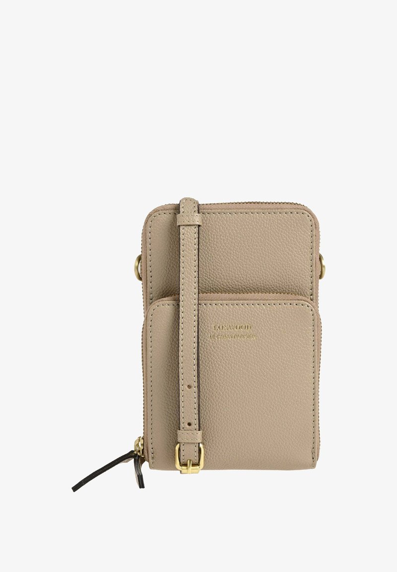 Sac bandoulière en cuir beige clair avec une finition texturée, équipé de quincaillerie dorée, d'un compartiment principal zippé et d'une poche avant.