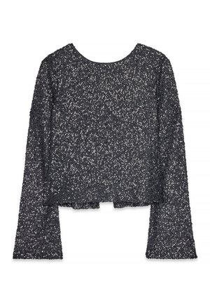 Must mustriga T-särk, millel on ümmargune kaelus, kaetud hajusatelt hõbedaste särahelvestega, lühendatud lõige ja laienevad varrukad.