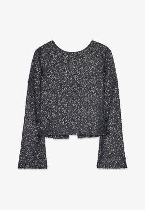 Musta pitkähihaisen paita, jossa on pyöreä kaula-aukko, peitetty hajallaan olevilla hopeisilla paljeteilla, ja lyhennetty malli sekä kellotetut hihat.