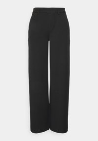 Zwarte wijde broek gemaakt van een soepele stof. Kenmerkt zich door een gepast taille met riemlussen en een rechte, vloeiende snit.