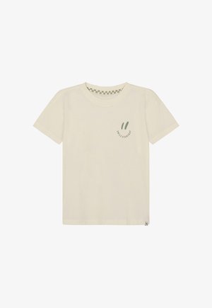 Kremfarvet bomuld t-shirt med rund hals, korte ærmer og et grønt grafiktryk med teksten "SMIL HVER DAG" på brystet.