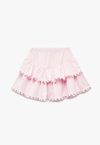 Falda rizada de color rosa claro con cinturilla elástica, que cuenta con capas superpuestas y un borde decorativo a lo largo de los bordes. Material de algodón, acabado texturizado.